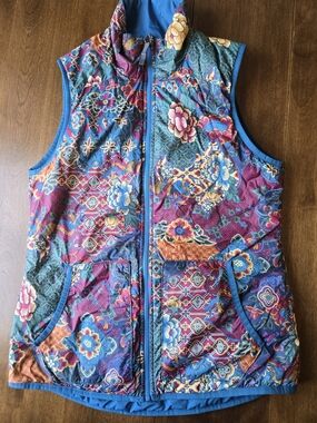 Sherpa Reversible Puffer Vest Blue Floral Print Zip Up Lightweight Women’s